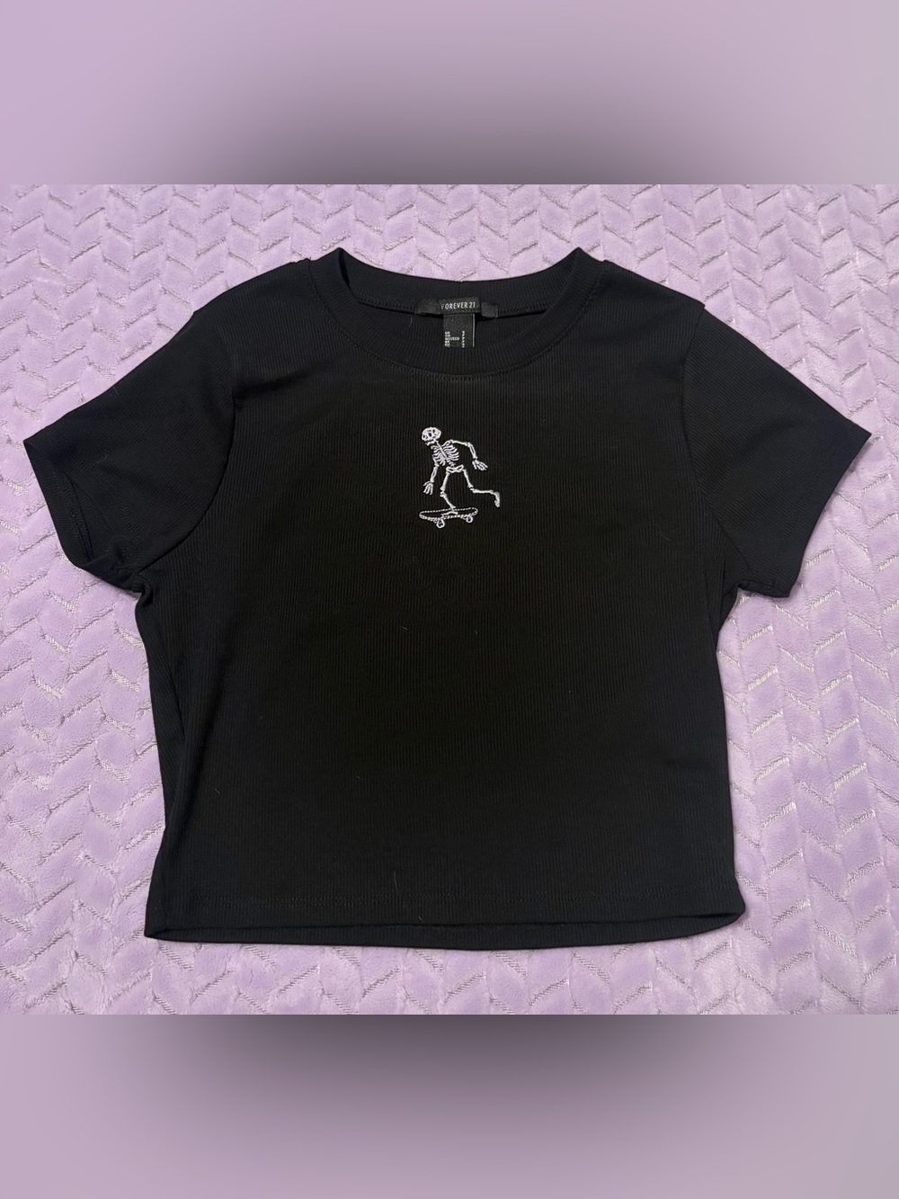 Forever 21 Black Crop Tee with White Skeleton Skate Graphic